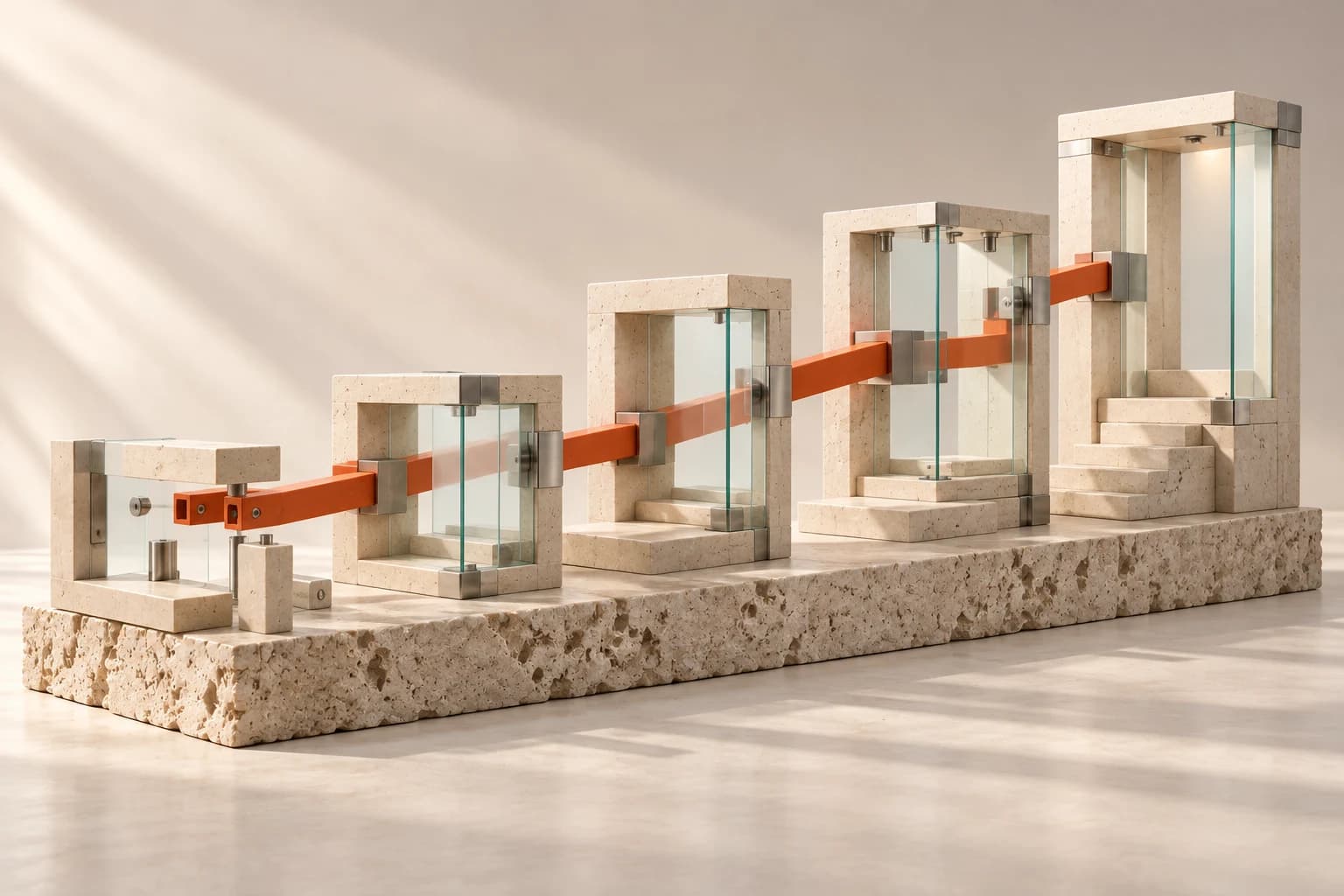 Ascending travertine and glass structures connected by an orange rail, representing the journey from enquiry to software delivery and support