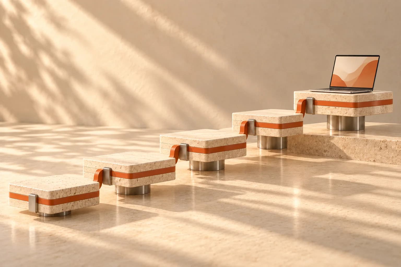 Ascending stone platforms linked by a terracotta path, leading to an open laptop