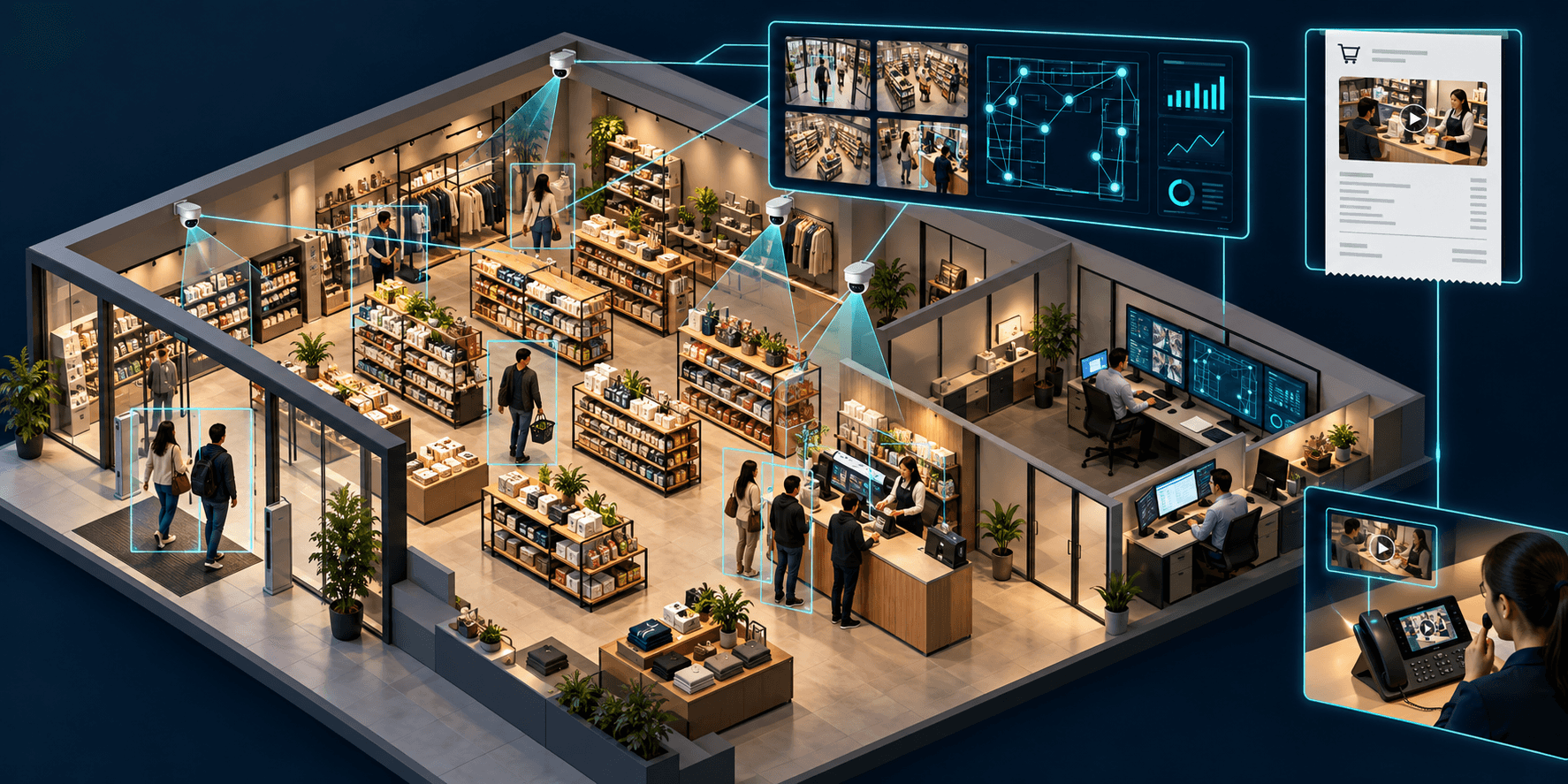 Concept illustration of connected CCTV cameras monitoring a retail store and office, linked to analytics, invoices and an intercom