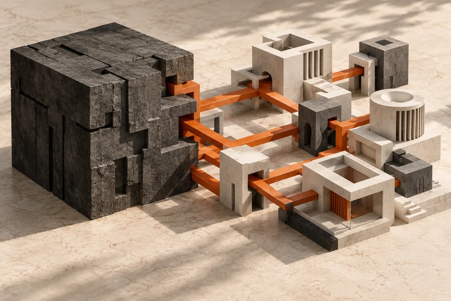 A solid monolithic structure opens into independent, connected modules, illustrating legacy software modernization